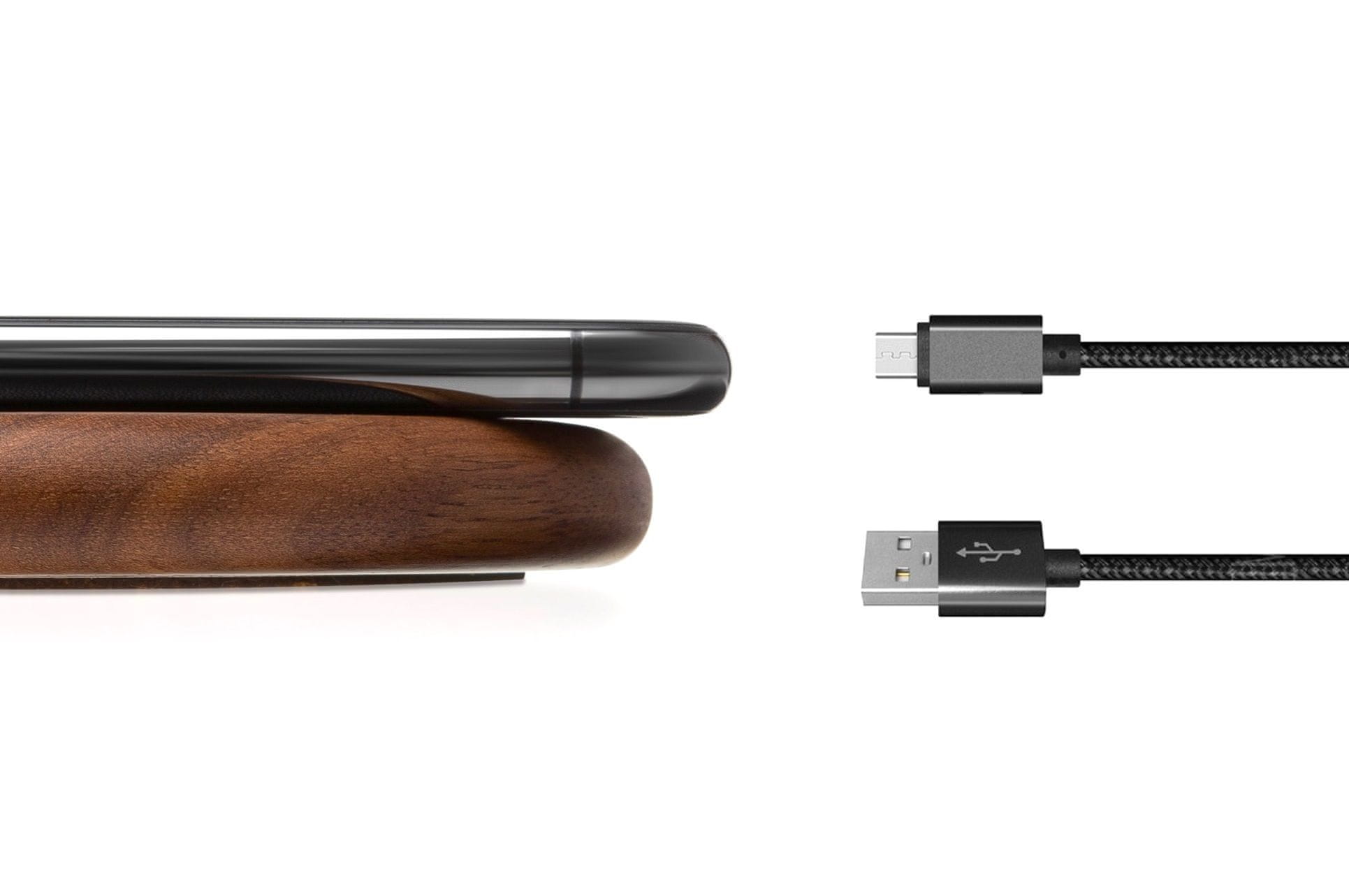  Woodcessories EcoPad Walnut Wood / Genuine Black Leather / Brushed Metal / Nylon Cable - All Wireless Enabled Devices (which support 10W Fast charging) eco288 bezdrôtová nabíjačka