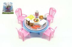 Teddies Nábytek pro panenky/stůl a židle s doplňky plast 12cm 3 barvy v blistru