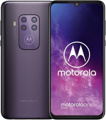 Motorola Moto One Zoom, čtyřnásobný fotoaparát, optická stabilizace obrazu, optický zoom, širokoúhlý, teleobjektiv, čtečka otisků prstů v displeji, NFC, výkonný procesor, velký displej, rychlé nabíjení, velká výdrž baterie