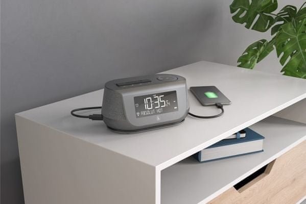 moderní radiopřijímač hama dr36sbt Bluetooth 5.0 bezdrátová technologie sleep snooze teleskopická anténa fm dab dab plus tuner 30 předvoleb lcd displej usb nabíjení stereo reproduktory o výkonu 2krát 2w potažený tkaninou