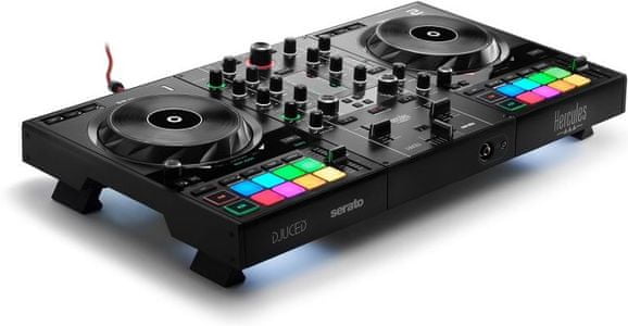 mixážní pult hercules dj control inpulse 500 prémiový design 14cm jog wheely praktické konektory nastavitelné nožičky pro zvednutí pultu výše robustní konstrukce efekty ve středu 16 rgb podsvícených padů s 8 režimy tlačítka vinyl slip quantize loop in loop out 3 regulátory eq 1 regulátor zisku na každém decku