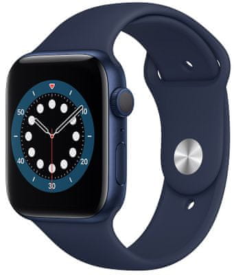 Chytré hodinky Apple Watch Series 6, Retina OLED displej stále zapnutý EKG monitorování tepu srdeční činnosti hudební přehrávač volání notifikace NFC platby Apple Pay hluk App Store okysličení prve, detekce pádu