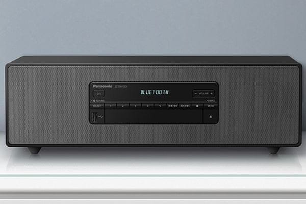 moderný mikrosystém panasonic sc-dm502 bluetooth usb prehrávanie aux in vstup fm dab plus tuner cd mechanika cd-r cd-rw mp3 rms výkon 40 w medený vynúti pre elimináciu výkyvov kmitací