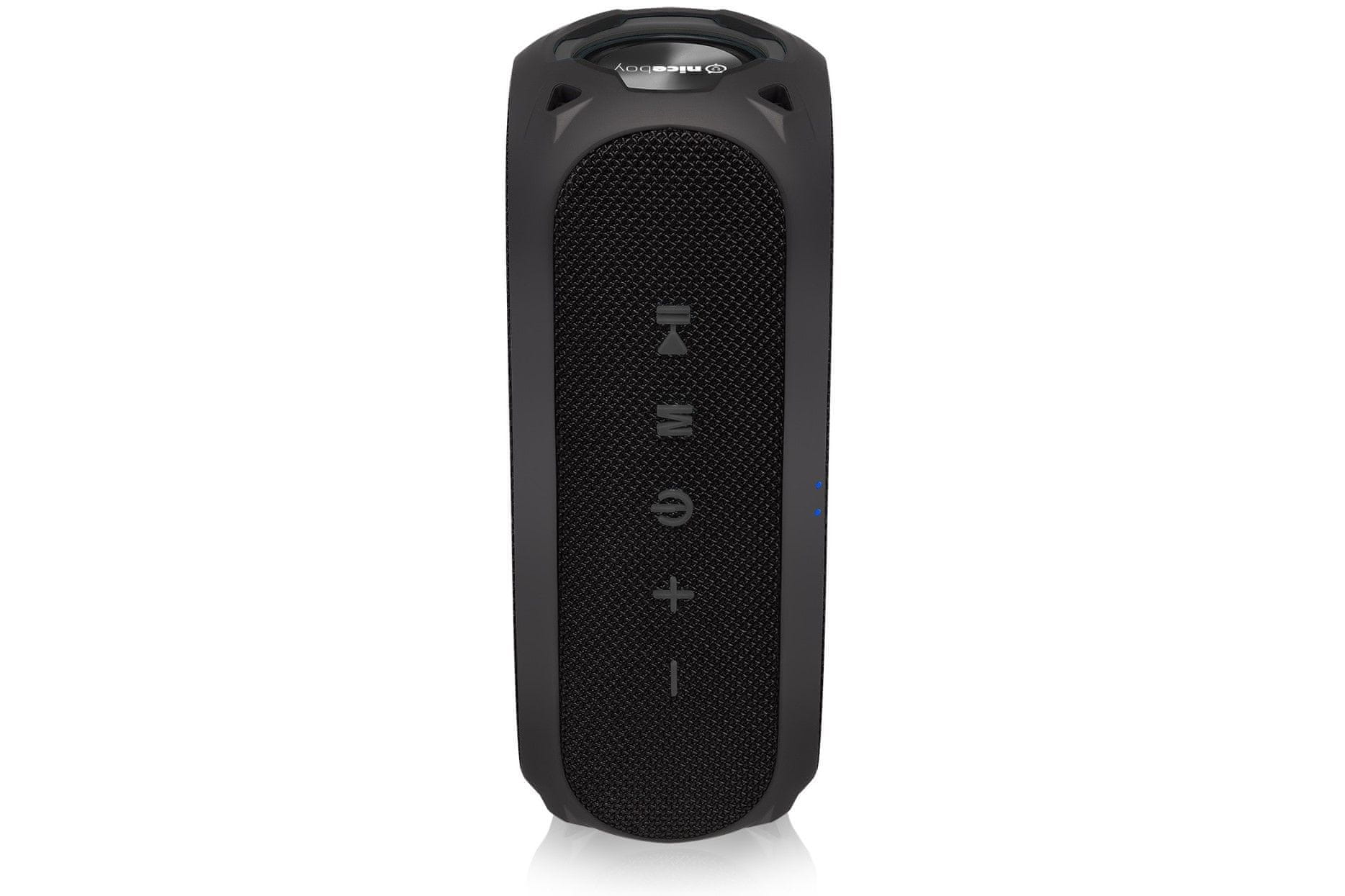 Bluetooth reproduktor niceboy raze 3 radion kompaktní rozměry voděodolný hudební výkon 24 w tws funkce aux vstup usb port fm tuner slot na sd karty powerbanka funkce výdrž 24 h maxx bass zvýraznění basů