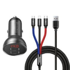 BASEUS Digital 2x USB autonabíječka + 3in1 kabel USB - UBS C / Micro USB / Lightning 1.2m, černá