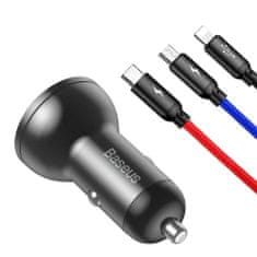 BASEUS Digital 2x USB autonabíječka + 3in1 kabel USB - UBS C / Micro USB / Lightning 1.2m, černá