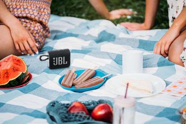 moderní repráček jbl GO 3 bluetooth 5.1 technologie jbl pro sound zvuk bohatý na basy překvapivě silný výkon rms 4,2 w 5h přehrávání li-ion baterie textilní povrch poutko ip67 certifikace