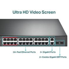 TP-Link switch 26-Port 10/100Mbps PoE+, 24x 10/100Mbps PoE+ Ports, 2x GbE RJ45 Ports, 2 Combo SFP Slots, 802.3at/af