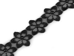 Kraftika 1m 4 černá prýmek květ s perlou na monofilu šíře 35mm