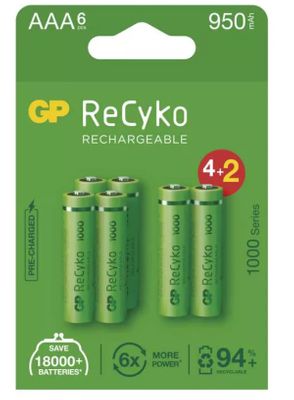 GP ReCyko polnilni bateriji, 1000 mAh, HR03, AAA,4+2kos 