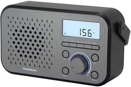 radiopřijímač thomson rt300 vestavěný reproduktor madlo pro přenášení fm tuner am tuner lw pásmo aux in přední lcd dipslej teleskopická anténa automatické nebo ruční ladění provoz i na baterie