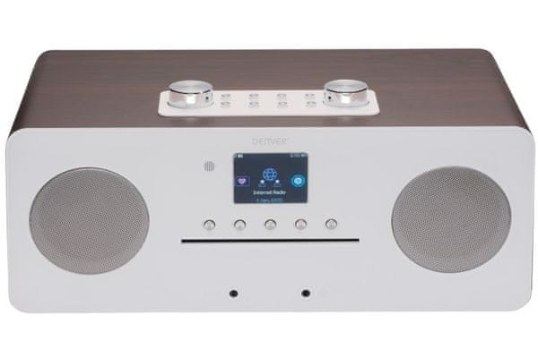 mikrosystém denver mir-260 fm dab tuner Bluetooth aux in sluchátkový výstup cd přehrávač budík sleep snooze dálkový ovladač dřevěné tělo výkon 20 w upnp podpora wifi technologie ekvalizér pro úpravu zvuku