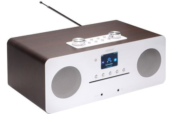 mikrosystém denver mir-260 fm dab tuner Bluetooth aux in sluchátkový výstup cd přehrávač budík sleep snooze dálkový ovladač dřevěné tělo výkon 20 w upnp podpora wifi technologie ekvalizér pro úpravu zvuku