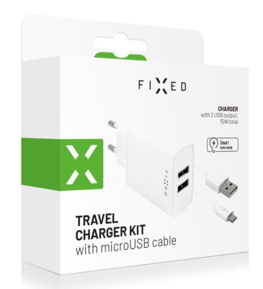 FIXED Set nabíječky s 2xUSB a USB/micro USB kabelu, 1 m, 15W Smart Rapid Charge, bílá FIXC15-2UM-WH
