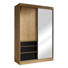 KONDELA Šatní skříň s posuvnými dveřmi a zrcadlem Romualda 140 - dub lefkas/černá