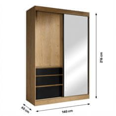 KONDELA Šatní skříň s posuvnými dveřmi a zrcadlem Romualda 140 - dub lefkas/černá