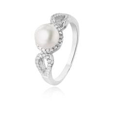Beneto Stříbrný prsten s krystaly a pravou perlou AGG205 (Obvod 52 mm)