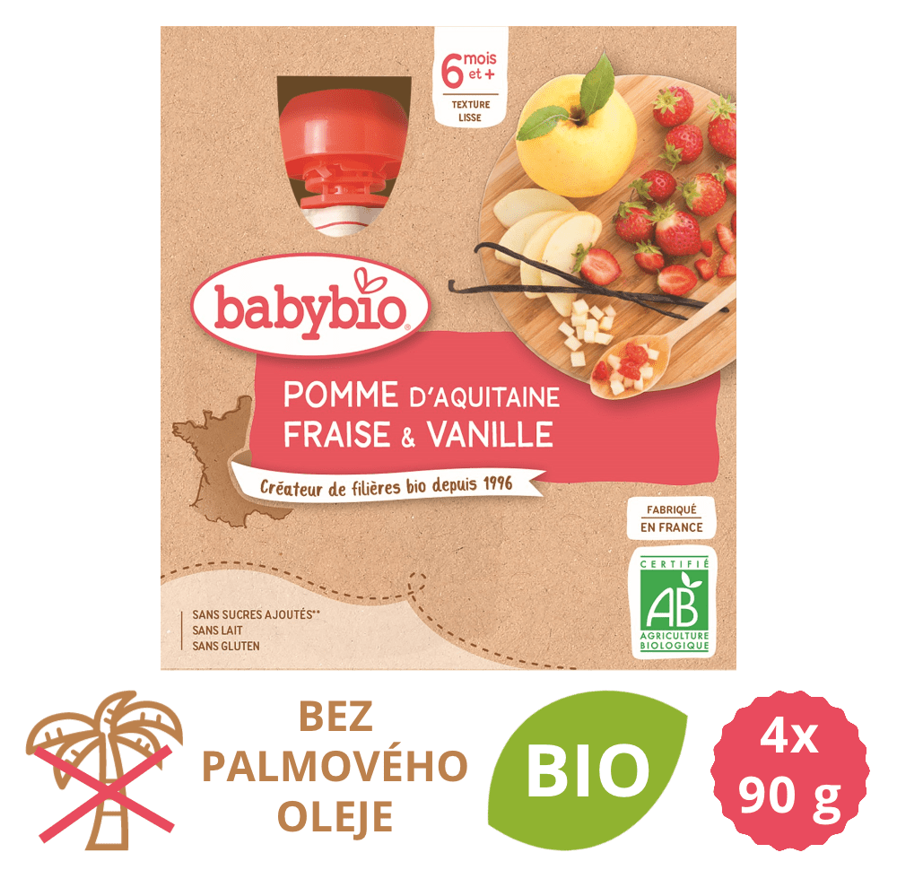 Babybio Jablko, jahoda, vanilka 4x90 g