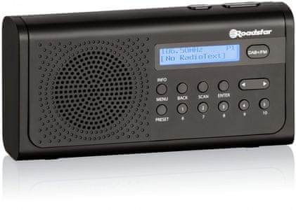 radiopřijímač roadstar tra-300d+ pll fm tuner dab plus tuner automatické i ruční vyhledávání stanic 10 předvoleb výkon pmpo 8 w rms výkon 1 w časovač a duální alarm provoz i na baterie teleskopická anténa sluchátkový výstup