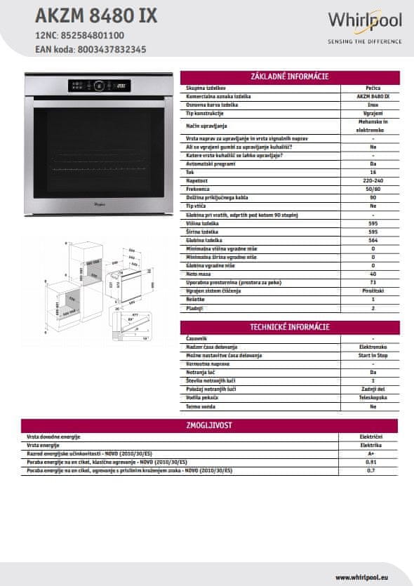 Whirlpool vestavná horkovzdušná trouba ABSOLUTE AKZM 8480 IX + záruka 5 let na motor ventilátoru - zánovní