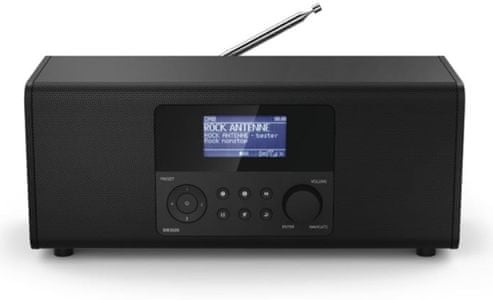 moderní radiopřijímač v krásném designu hama dir3020 fm dab dab plus tuner podsvícení displeje wifi technologie sluchátkový výstup přehledný lcd displej čistý a znělý zvuk rms hudební výkon 6 w budík funkce sleep síťový streaming hudby z domácí sítě