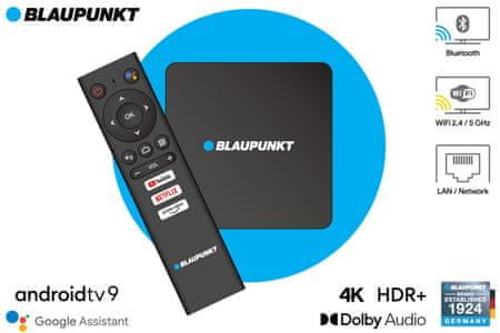 multimediální centrum Blaupunkt tv box b-stream wifi Bluetooth ethernet hdr 4k uhd bezztrátový obraz dálkové ovládání chromecast inteligentní služby google 2gb ram 8gb flash usb hdmi čtečka karet snadný přístup na youtube netflix