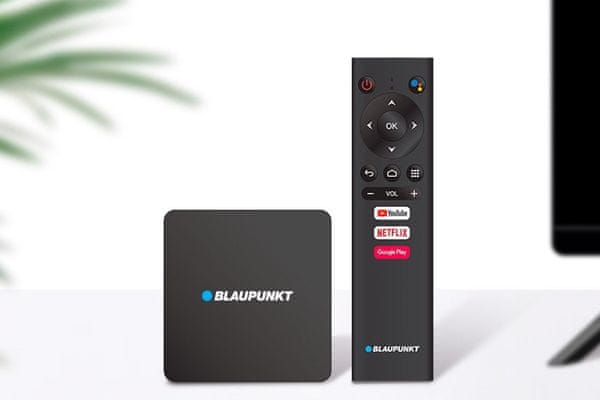 multimediální centrum Blaupunkt tv box b-stream wifi Bluetooth ethernet hdr 4k uhd bezztrátový obraz dálkové ovládání chromecast inteligentní služby google 2gb ram 8gb flash usb hdmi čtečka karet snadný přístup na youtube netflix