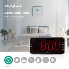 Nedis CLAR004BK budík s rádiem, 1.8" LED displej, FM rádio 20 předvoleb, duální budík, USB nabíjecí port pro telefon