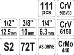 YATO Gola sada 1/2", 3/8", 1/4" + příslušenství 111 ks