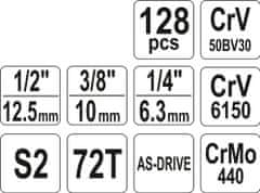 YATO Gola sada 1/2", 3/8", 1/4" + příslušenství 128 ks