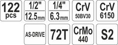 YATO Gola sada 1/2", 1/4" + příslušenství 122 ks