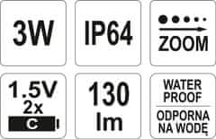 YATO Svítilna BIGGEST voděodolná IP64, fce ZOOM, 130lm, 2xLR14, 228x47mm