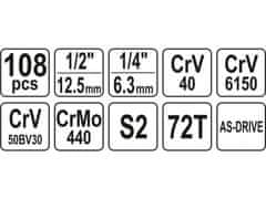 YATO Gola sada 1/2", 1/4" + příslušenství 108 ks