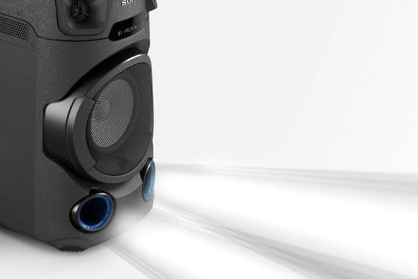 Bluetooth reproduktor na párty sony mhc-v13 rukojeť na reproduktoru aux in usb nahrávání i přehrávání fm tuner pro poslech rádia cd mechanika možnost spárování s více repráčky ovládání mobilní aplikací karaoke zábava možnost připojení kytary šíření zvuku po celé místnosti dva výkonné výškové reproduktory jet bass booster