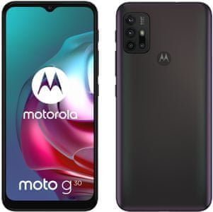 moderní mobilní dotykový telefon smartphone motorola g30 turbopower 20w nabíjení 5000mah baterie 48h výdrž lte wifi Bluetooth 2 sim paměťová karta nfc 6,5palcový hd plus displej 64mpx fotoaparát ip52 google assistant