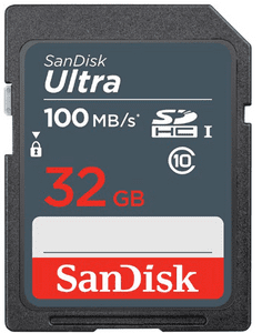 Sandisk SDHC Ultra 32GB 100MB/s (SDSDUNR-032G-GN3IN) kapacita 32 GB přenosová rychlost 100 MB/s Full HD kvalita odolná