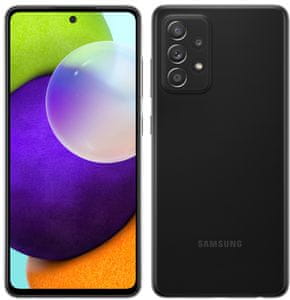 moderní mobilní dotykový telefon smartphone samsung galaxy a52 čtečka otisků prstu krásný elegantní design 5000mah baterie slot pro microSD karty až 1 tb osmijádrový procesor 64mpx 12mpx 5mpx 5mpx zadní fotoaparát 32mpx přední fotoaparát gorilla glass 3 ochrana skla samoled displej nfc párování