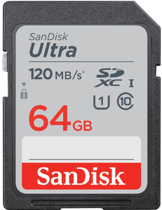 Sandisk SDXC Ultra 64GB 120MB/s (SDSDUN4-064G-GN6IN) kapacita 64 GB přenosová rychlost 120 MB/s Full HD kvalita odolná