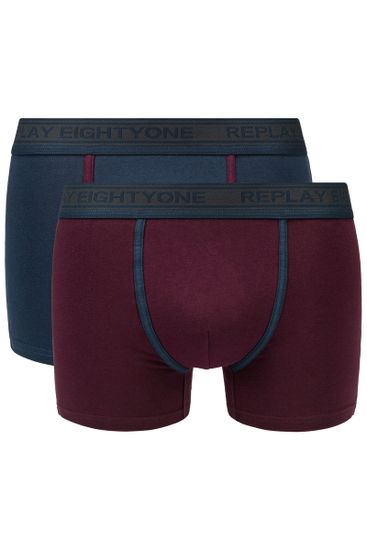 Replay Boxerky Boxer Style 6 Cuff Logo&Contrast Piping 2Pcs Box - Dark Blue/Bordeaux