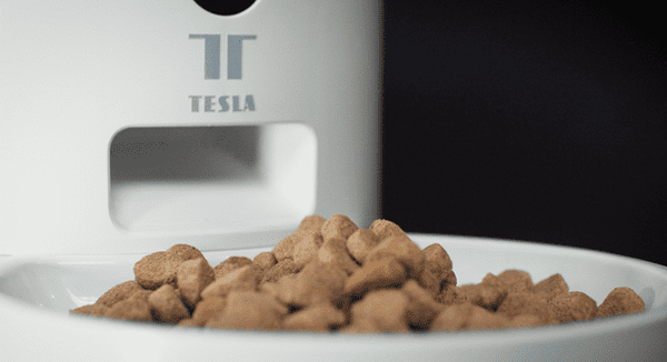 Tesla Smart Feeder chytrý dávkovač suchého krmení granule kočka pes ovládání krmení na dálku mobilní aplikace záložní baterie tlačítko Feed manuální vydání porce chůvička bílá barva záložní zdroj energie plánovaní krmení čas porce