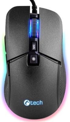 C-TECH Dawn (GM-24L) herní drátová optický senzor Sunplus 199 spínače Huano RGB podsvícení nastavitelná citlivost opletený kabel ergonomie pro praváky