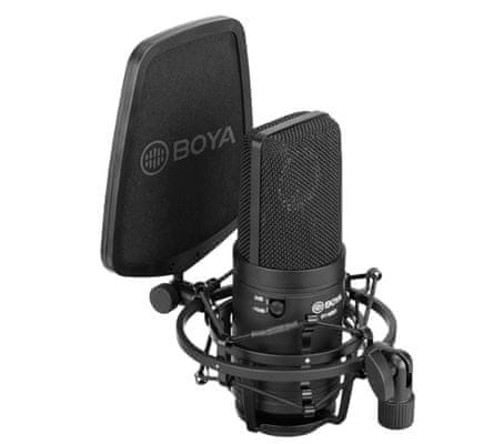 kvalitný kondenzátorový mikrofón Boya by-M800 xlr pripojenie celokovová konštrukcia skladací 34 mm membrána podcasting vlogging video konferencie nahrávanie vokálov aj nástrojov kardioidný režim