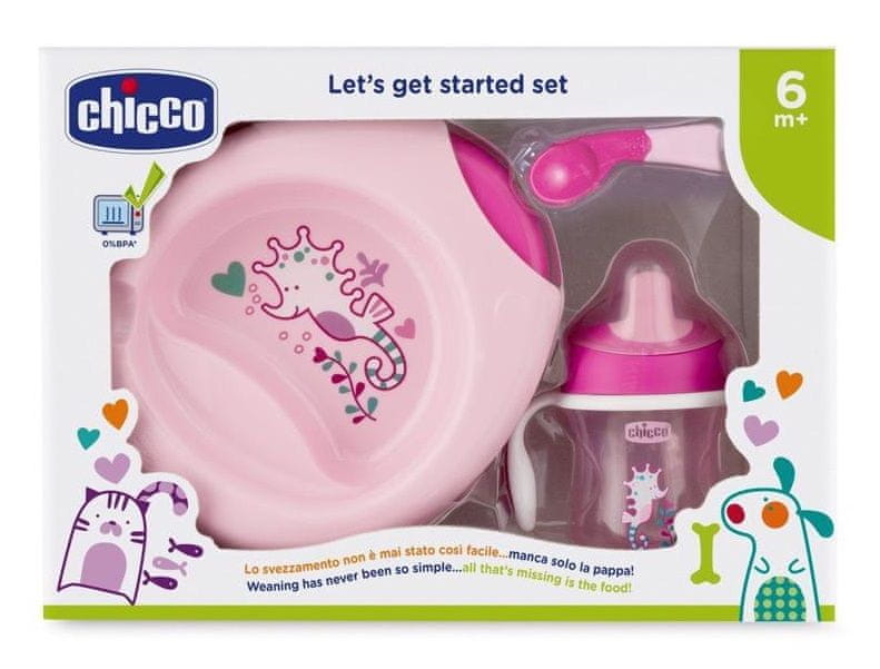 Chicco Jídelní set - talíř, lžička, hrnek, 6 m+ - růžový