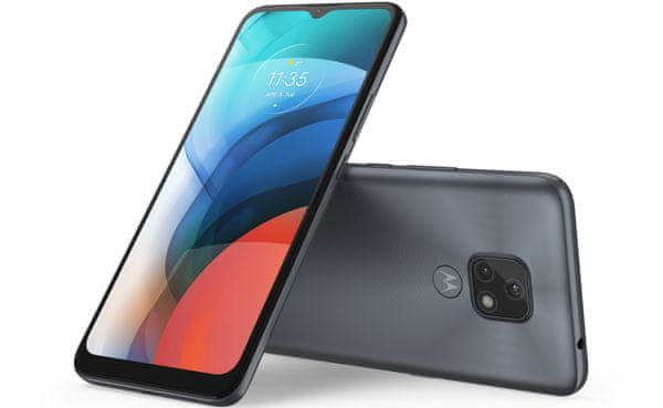 Motorola Moto E7 velký displej 6,5palcový displej HD+ čtečka otisku prstů baterie 4000 mAh Android 10 kvalitní duální fotoaparát za skvělou cenu 48 + 2 Mpx širokoúhlý fotoaparát makro objektiv LED blesk Portrétní režim Panorama Noční režim vroupkovaný povrch precizní detail MicroSD karta kulaté rohy 32GB úložiště s 2GB RAM