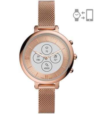 Chytré hybridní hodinky Fossil FTW7039 Hybrid Watch F Monroe Rose Gold Steel analogové zobrazení času klasický elegantní design přizpůsobitelný ciferník vyměnitelný řemínek nerezová ocel notifikace z telefonu měření tepu krokoměr sledování fyzické aktivity Androin iOS dlouhá výdrž baterie smartwatch ručičkový ciferník