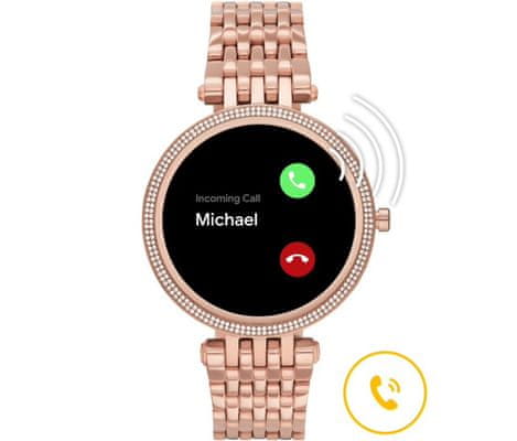 Inteligentné hodinky Michael Kors MKT5128 Darci Gen 5E Smartwatch digitálne zobrazenie času certifikácia vodoodolnosť 5 ATM notifikácia z telefónu zdvíhanie hovorov meranie tepu krokomer sledovanie fyzickej aktivity Android iOS dlhá výdrž batérie smartwatch Wear OS Google Fit AMOLED displej Gorilla Glass monitoring spánku prehľad športových aktivít nastaviteľný vzhľad ciferníka GPS Wifi Bluetooth akcelerometer gyroskop