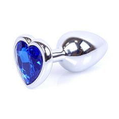 Boss Series Boss Series Jewellery Silver Heart Plug Dark Blue - stříbrný anální kolík s drahokamem ve tvaru srdce 7 x 2,7 cm