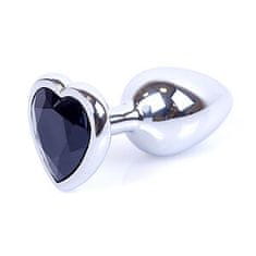 Boss Series Boss Series Jewellery Silver Heart Plug Black - stříbrný anální kolík s drahokamem ve tvaru srdce 7 x 2,7 cm