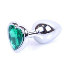 Boss Series Boss Series Jewellery Silver Heart Plug Green - stříbrný anální kolík s drahokamem ve tvaru srdce 7 x 2,7 cm