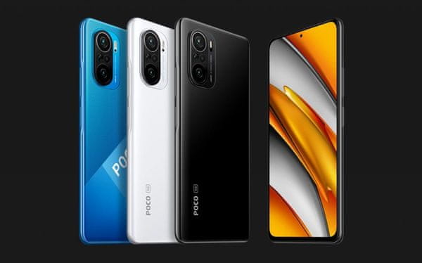 Xiaomi POCO F3 výkonný telefon AMOLED displej odolné sklo Corning Gorilla Glass 5 trojitý širokoúhlý fotoaparát ultraširokoúhlý makro objektiv Full HD+ rozlišení rychlonabíjení dlouhá výdrž baterie 33W nabíjení 5G připojení Bluetooth 5.1 NFC platby 8jádrový procesor Qualcomm Snapdragon 870 úhlopříčka displeje 6,67 palců 48 + 8 + 5 Mpx vysoké rozlišení nízká cena chlazení procesoru dvojice stereo reproduktorů